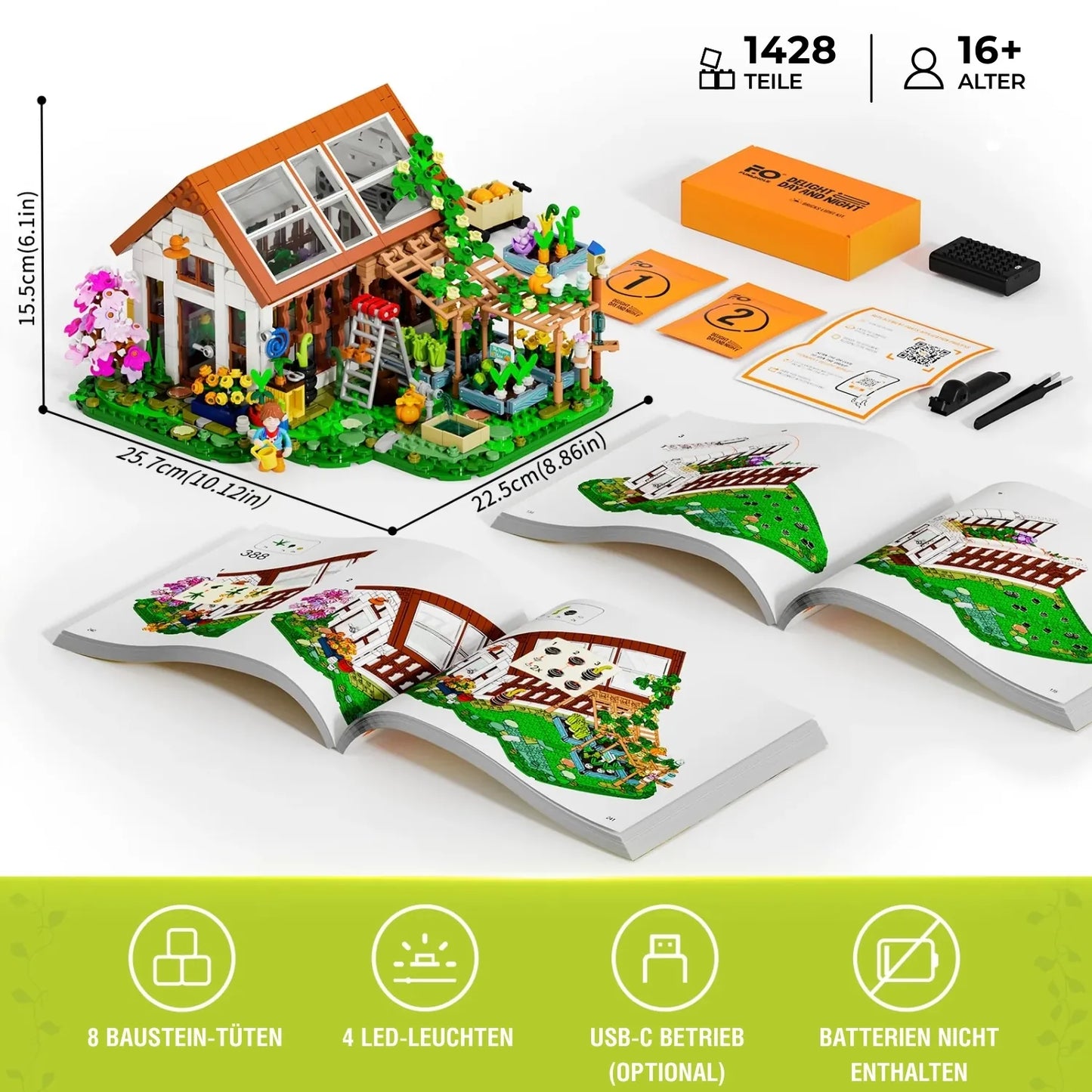 Lieferumfang des Funwhole F9059 Klemmbaustein-Sets: 1428 Teile, Licht-Kit, Maße und Anleitung.