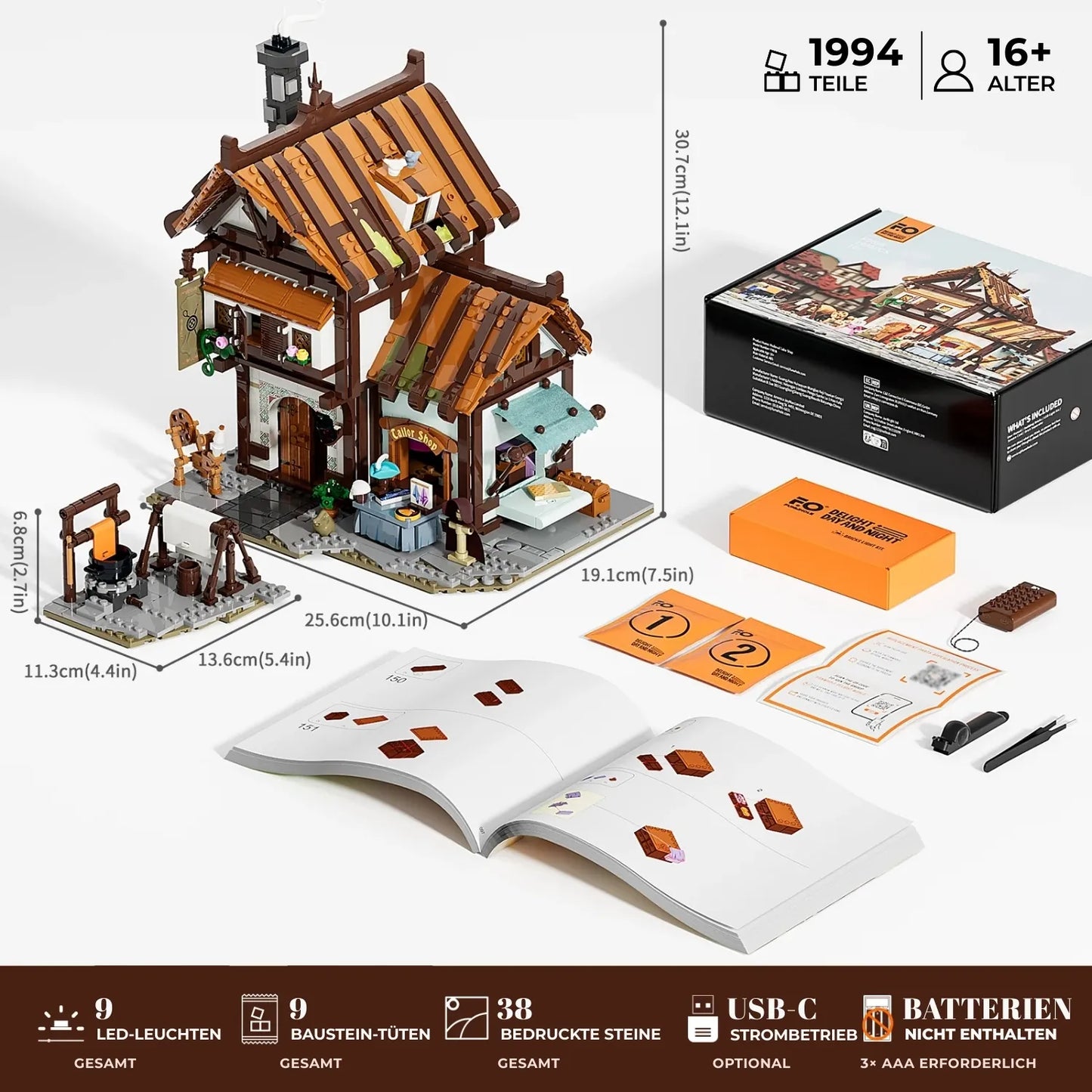Lieferumfang des Funwhole F9038 Klemmbaustein-Sets mit 1994 Teilen, Maßen (31x26cm) und LED-Beleuchtungs-Kit.