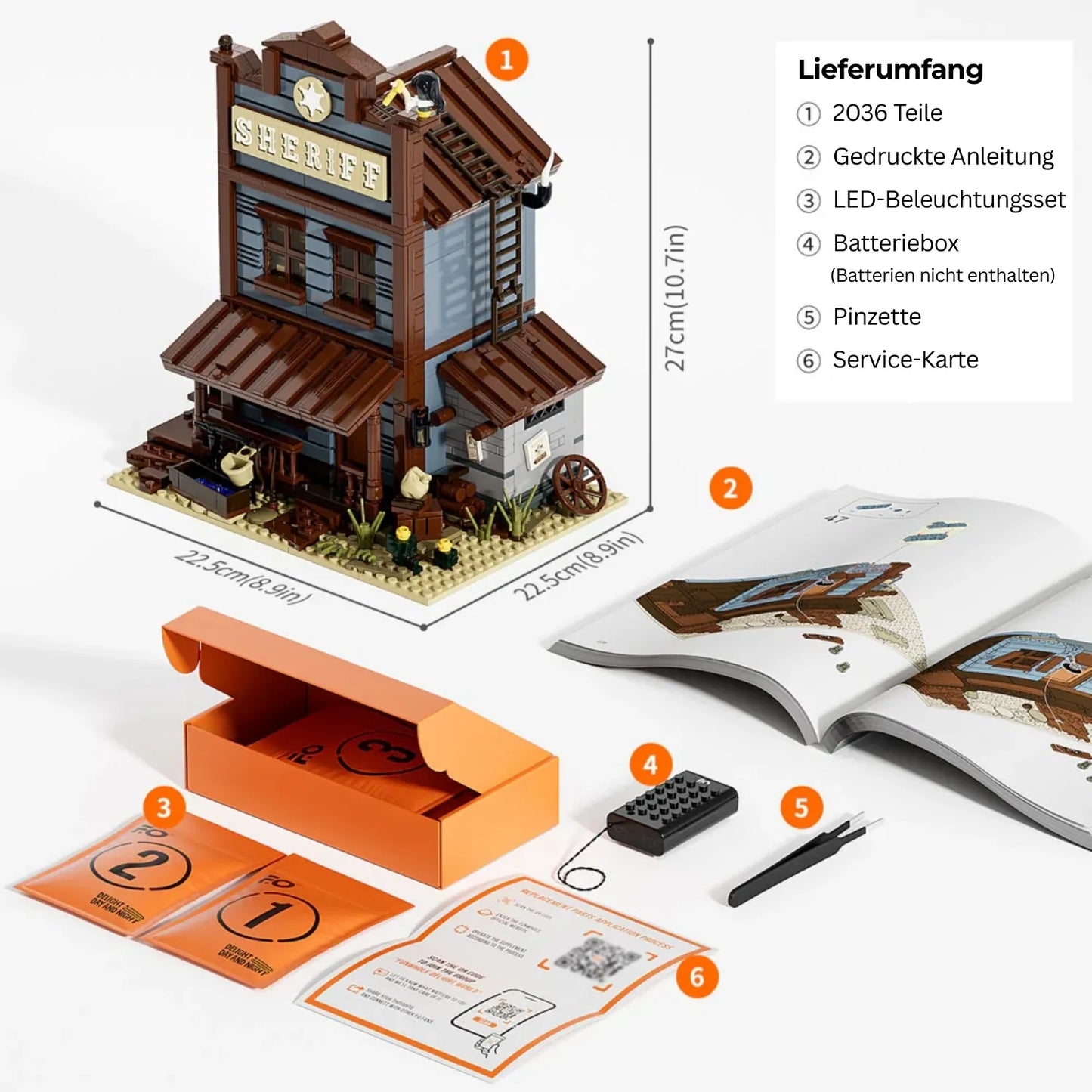 Lieferumfang des Funwhole Sets: Klemmbausteine, Licht-Kit, Anleitung, Werkzeug und Service-Karte.