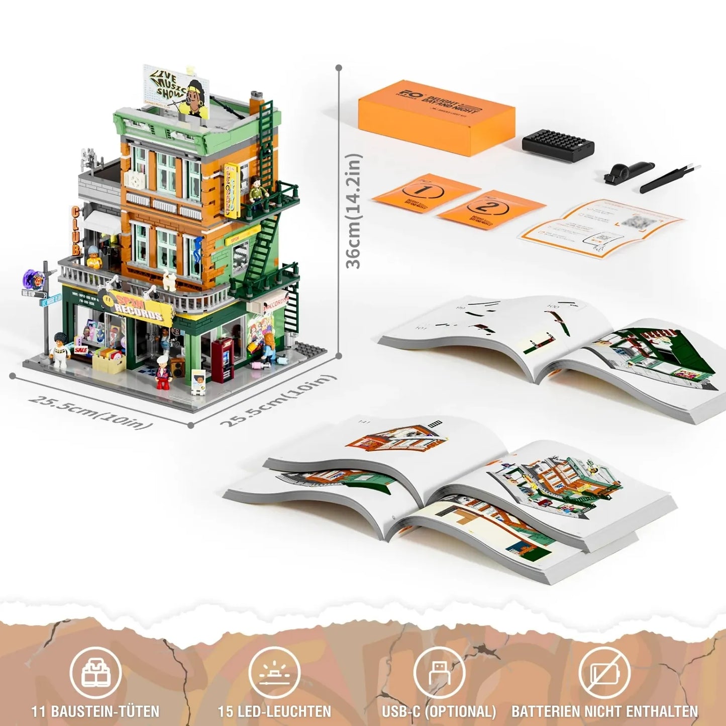 Lieferumfang des Funwhole F9058 Klemmbaustein-Sets mit Modellmaßen, Anleitungen, LED-Beleuchtungs-Kit und Werkzeug.