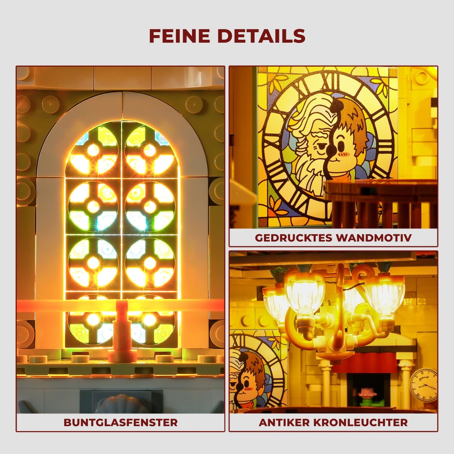Funwhole F9033 Antique Store Klemmbausteine Set – feine Details mit Buntglasfenster, bedrucktes Wandmotiv und antikem Kronleuchter