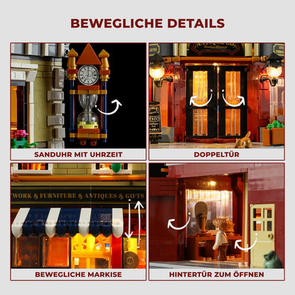 Funwhole F9033 Antique Store Klemmbausteine Set – bewegliche Details mit Türen, Markise und Sanduhr