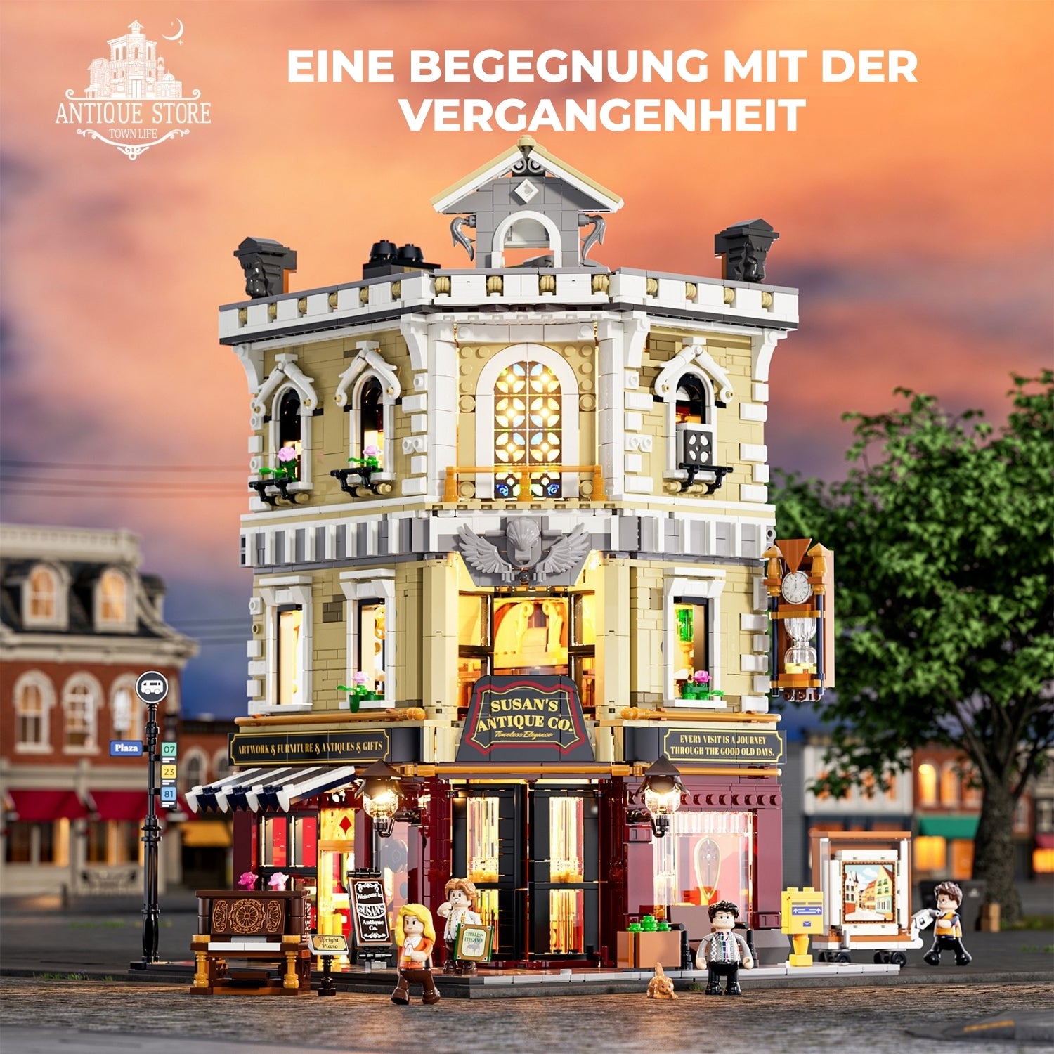 Funwhole F9033 Antique Store Klemmbausteine Set – beleuchtetes Modularhaus in Abendstimmung