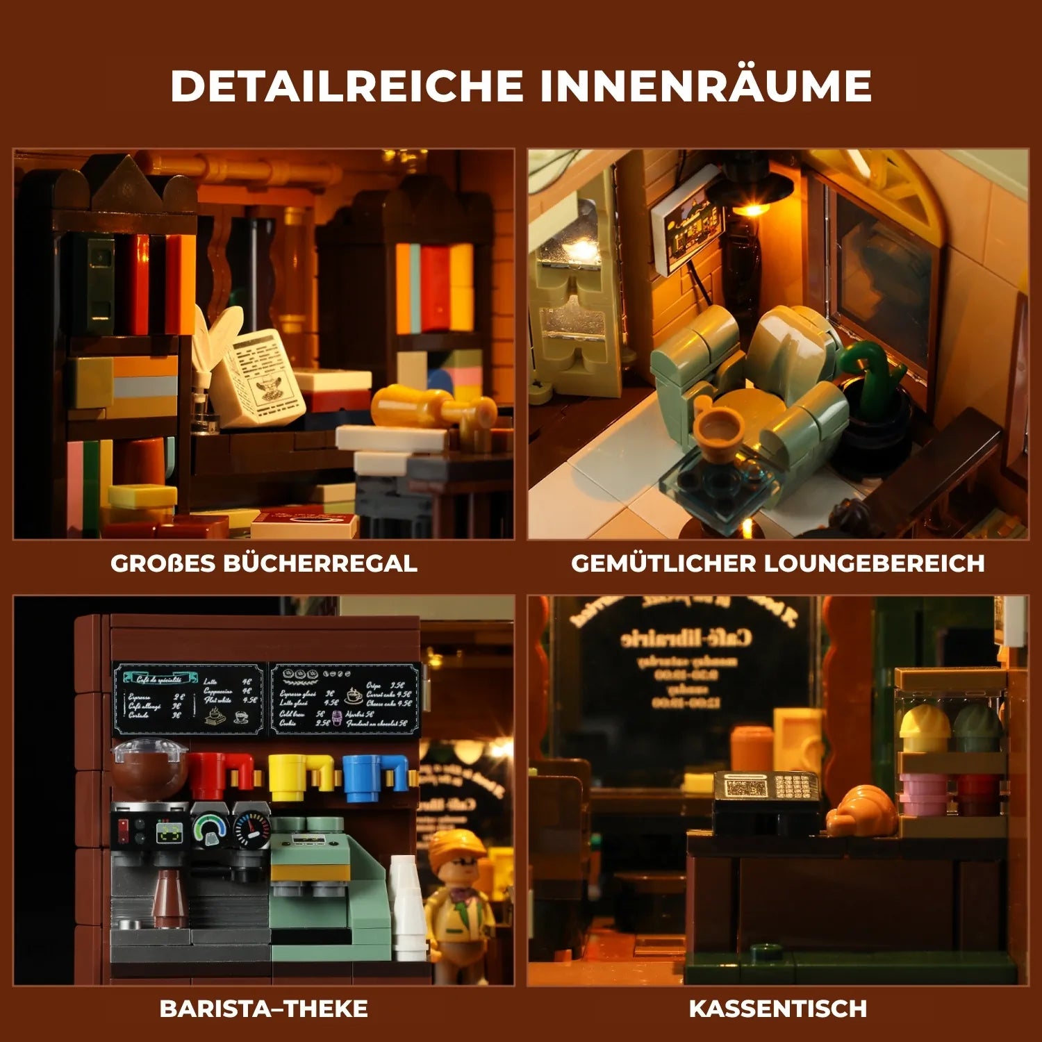 Funwhole F9031 Book Café Klemmbausteine Set – detailreiche Innenräume mit Bücherregal, Lounge, Barista-Theke und Kassentisch