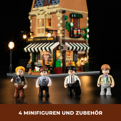 Funwhole F9031 Book Café Klemmbausteine Set – vier Minifiguren mit Zubehör vor dem beleuchteten Café