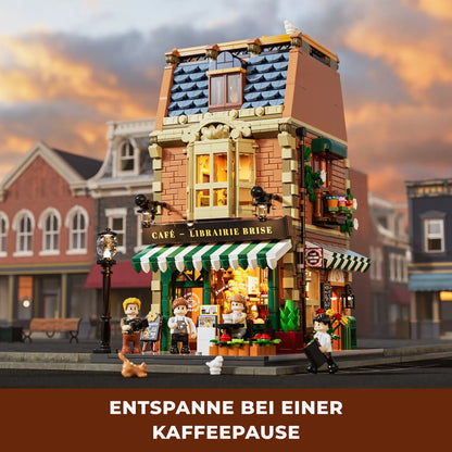 Funwhole F9031 Book Café Klemmbausteine Set – Straßenszene mit Minifiguren bei einer entspannten Kaffeepause