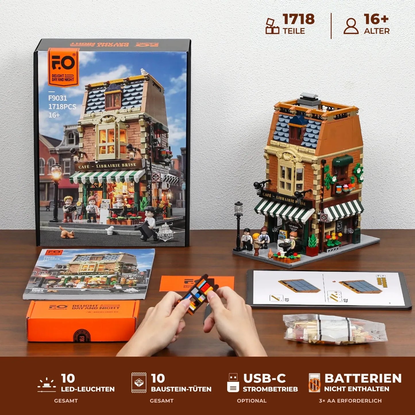Funwhole F9031 Book Café Klemmbausteine Set – Verpackung, Anleitung, LED-Leuchten, Bausteintüten und Zubehör im Lieferumfang