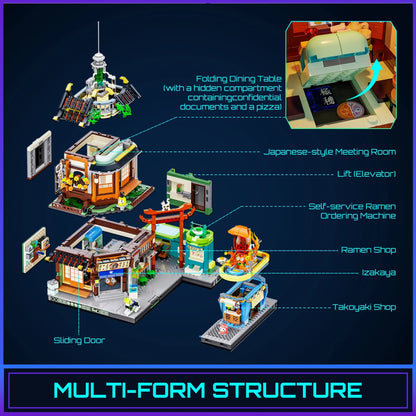 Funwhole F9073 Klemmbaustein-Set Aufbau: Modularer Ramen-Shop, Aufzug und versteckte Räume.