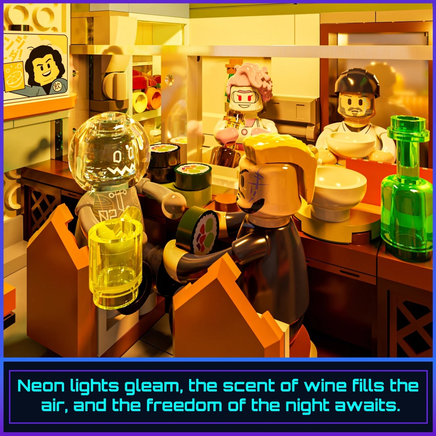 Funwhole Klemmbaustein-Set Innenansicht: Sushi-Bar und Cyberpunk-Minifiguren unter Neon-Licht.