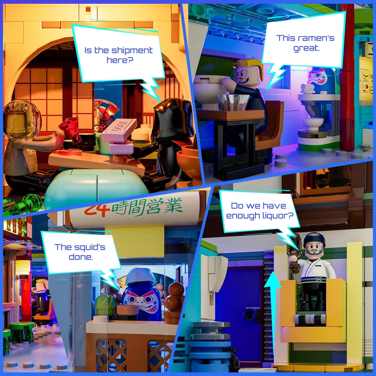 Funwhole Japanese Izakaya F9073 Cyberpunk Klemmbaustein-Set Aufbau: Modularer Ramen-Shop, Aufzug und versteckte Räume.