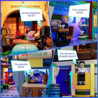 Funwhole Japanese Izakaya F9073 Cyberpunk Klemmbaustein-Set Aufbau: Modularer Ramen-Shop, Aufzug und versteckte Räume.