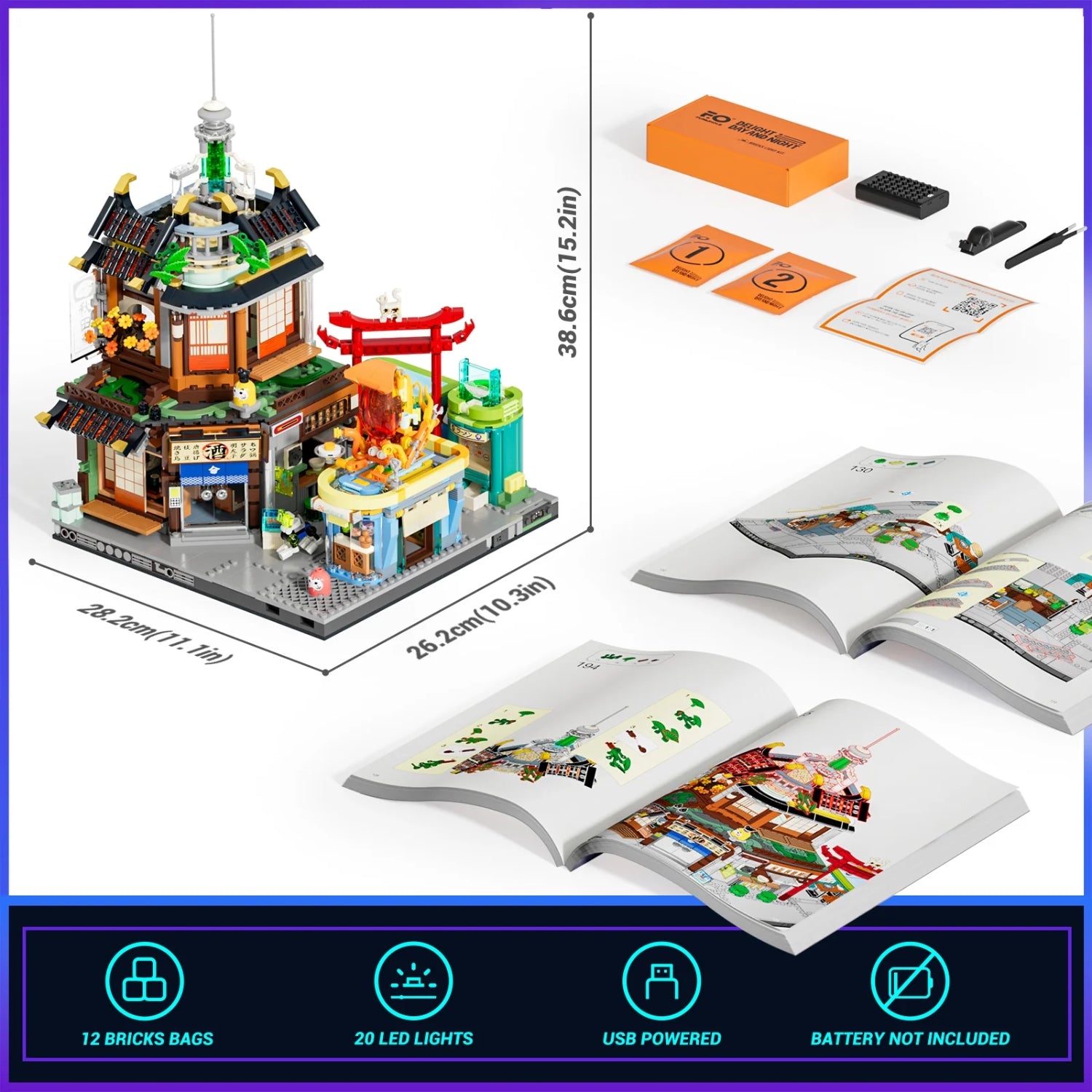 Maße und Lieferumfang des Funwhole Cyberpunk Izakaya Klemmbaustein-Sets F9073 (38cm hoch).