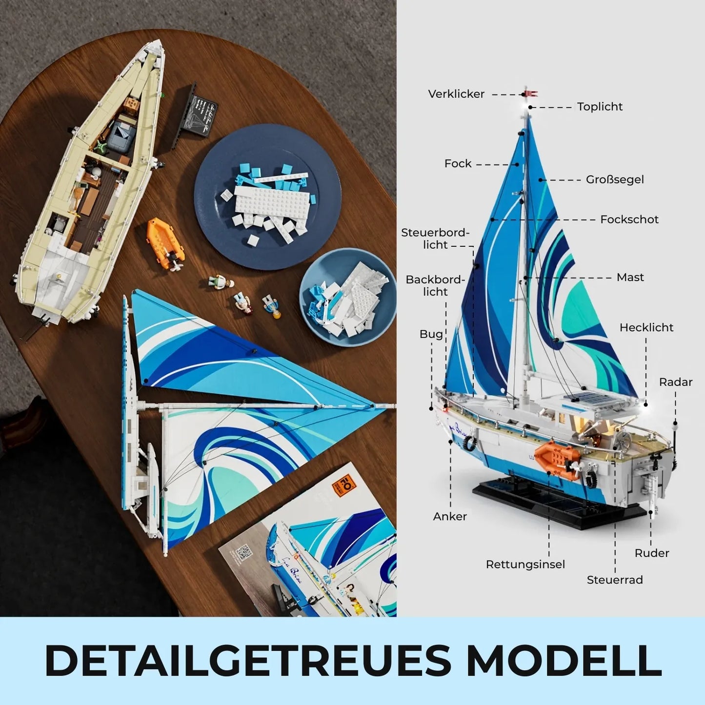Explosionszeichnung und Fachbegriffe des Funwhole Segelboot Klemmbaustein-Sets, inklusive Mast, Fock und Ruder.