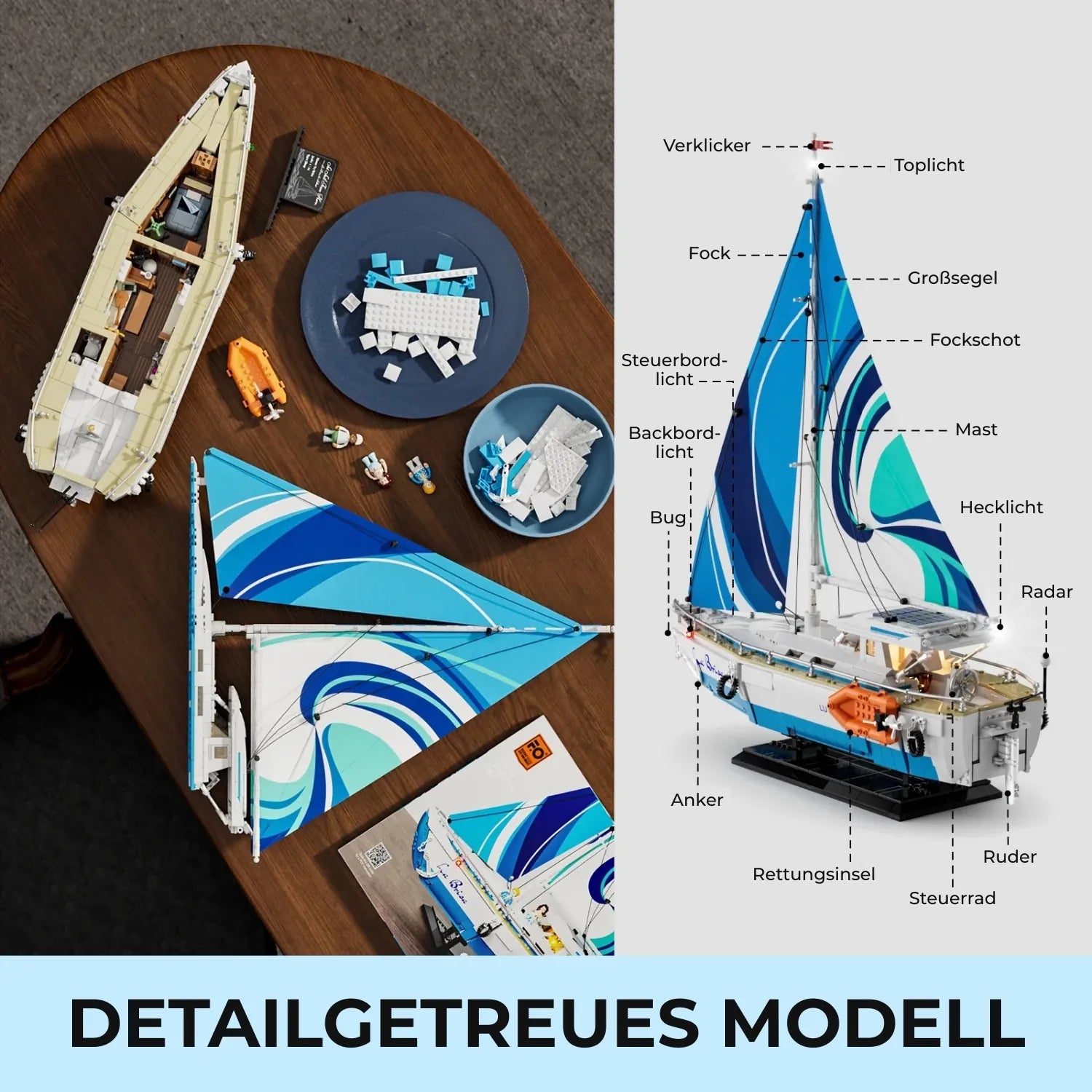 Explosionszeichnung und Fachbegriffe des Funwhole Segelboot Klemmbaustein-Sets, inklusive Mast, Fock und Ruder.
