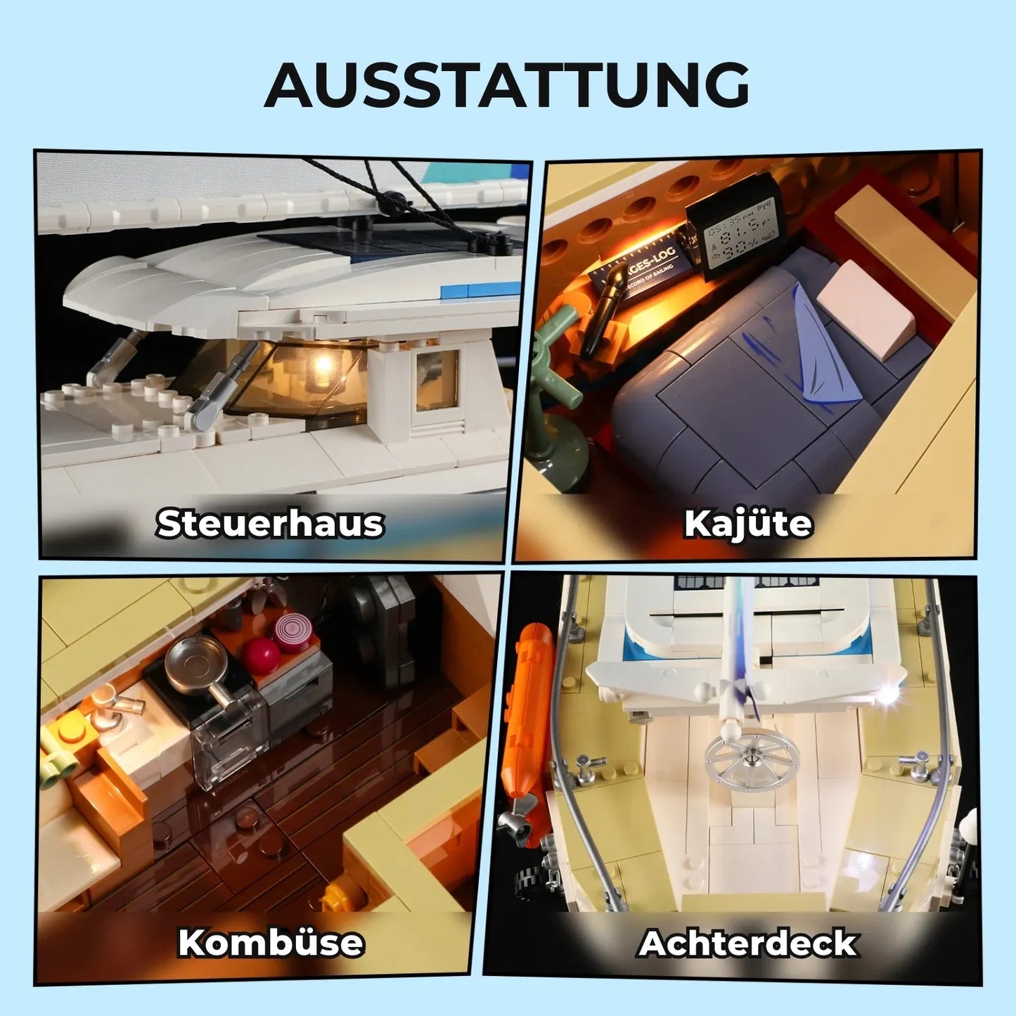 Detailansichten der Innenausstattung des Funwhole Klemmbaustein-Sets: Steuerhaus, Kajüte, Kombüse und Achterdeck.