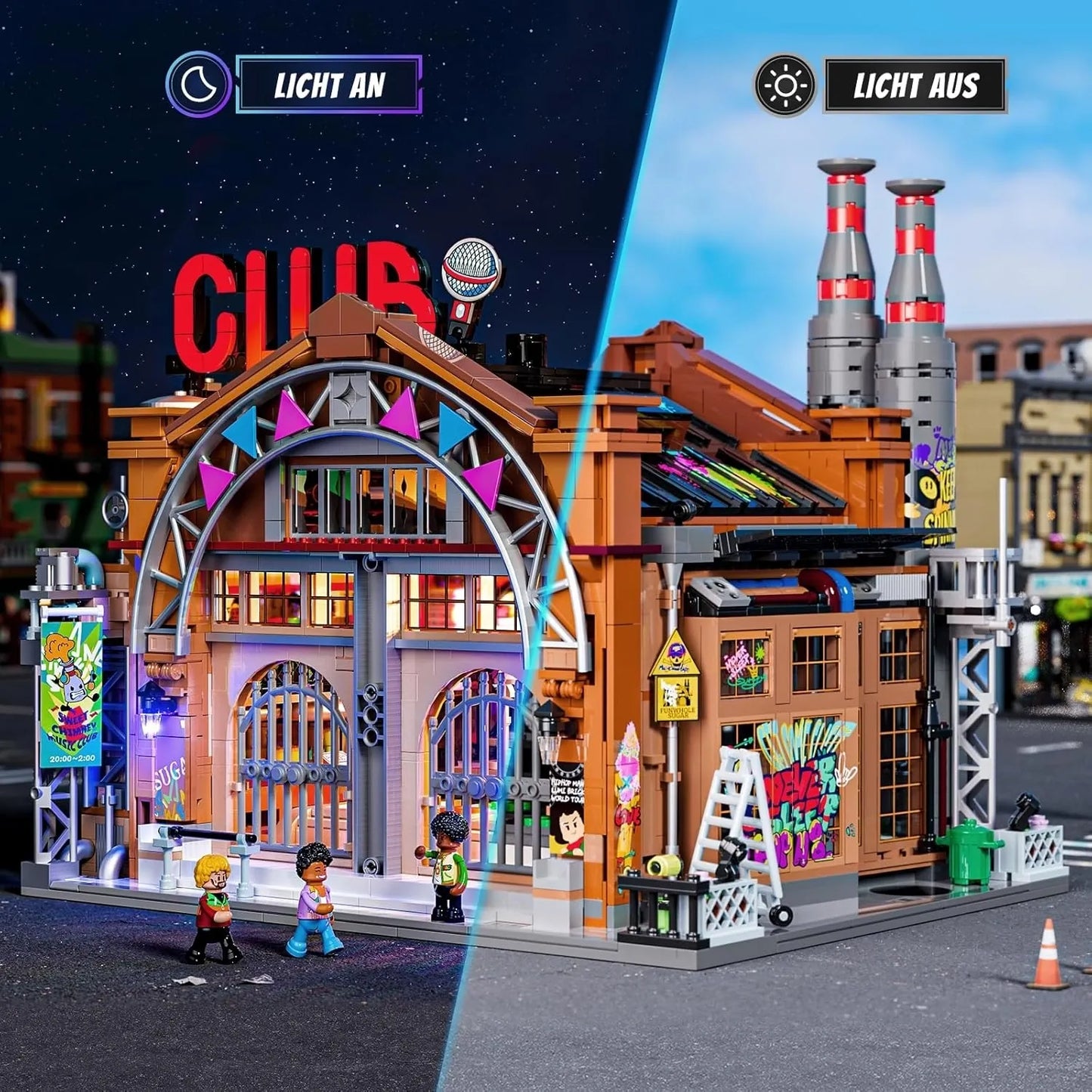Funwhole Factory House of Music Klemmbaustein-Set im Beleuchtungsvergleich: Tag- und Nachtansicht des Clubs.