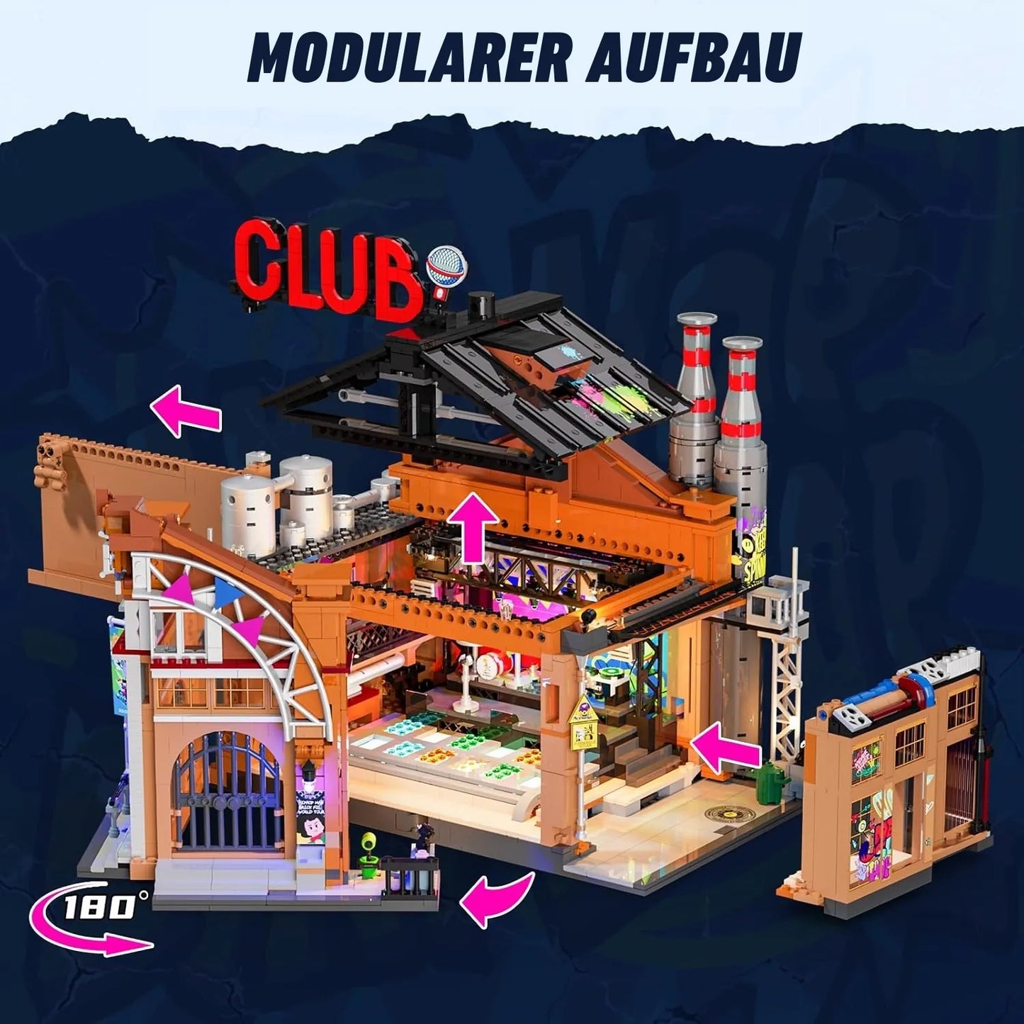 Modularer Aufbau des Funwhole Klemmbaustein-Sets Musikclub: Aufklappbare Wände und abnehmbares Dach für Bespielbarkeit.