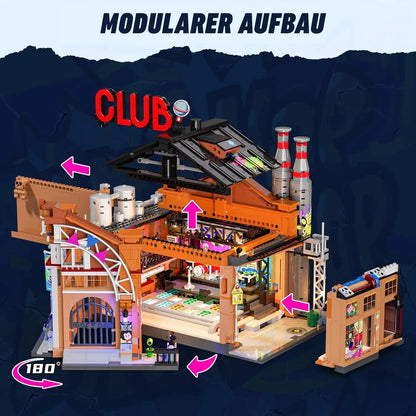 Modularer Aufbau des Funwhole Klemmbaustein-Sets Musikclub: Aufklappbare Wände und abnehmbares Dach für Bespielbarkeit.