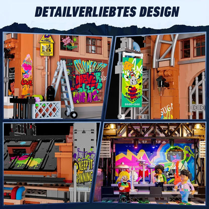 Details des Funwhole Klemmbaustein-Sets: Graffiti-Kunst, Konzert-Banner und beleuchtete Bühne mit Band.
