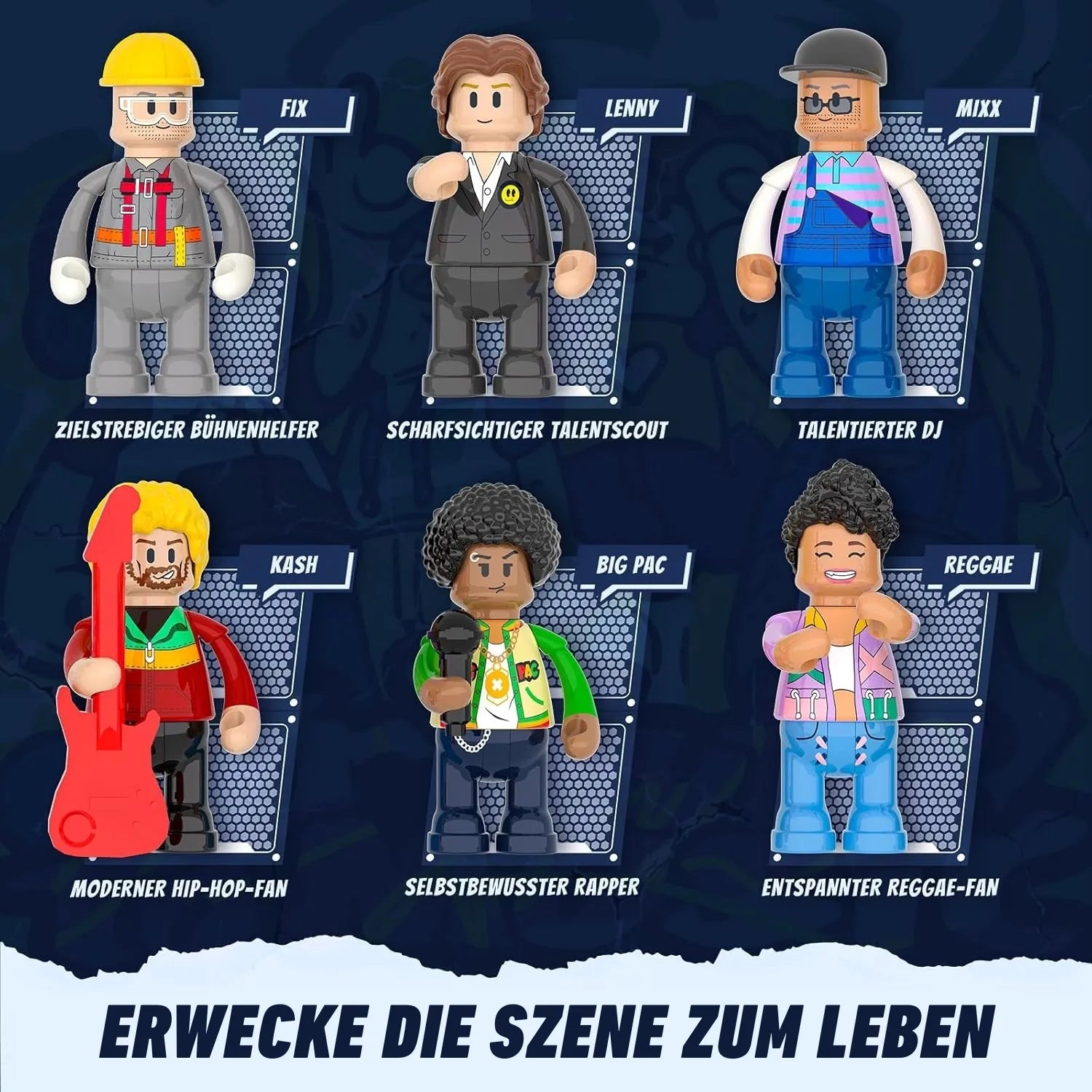6 exklusive Minifiguren im Funwhole Klemmbaustein-Set Musikclub: DJ, Rapper, Talentscout und Konzert-Crew.