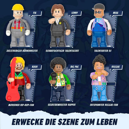 6 exklusive Minifiguren im Funwhole Klemmbaustein-Set Musikclub: DJ, Rapper, Talentscout und Konzert-Crew.