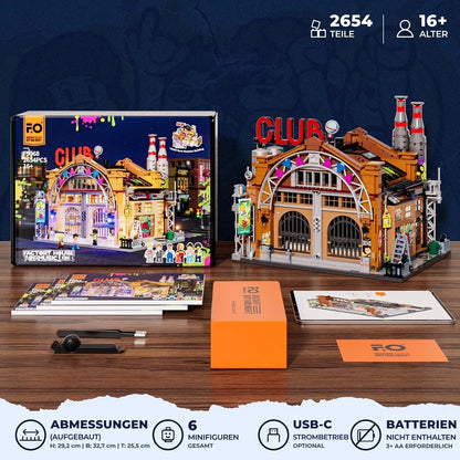 Lieferumfang und Maße des Funwhole Factory House of Music Klemmbaustein-Sets inkl. Licht-Kit und 6 Minifiguren.