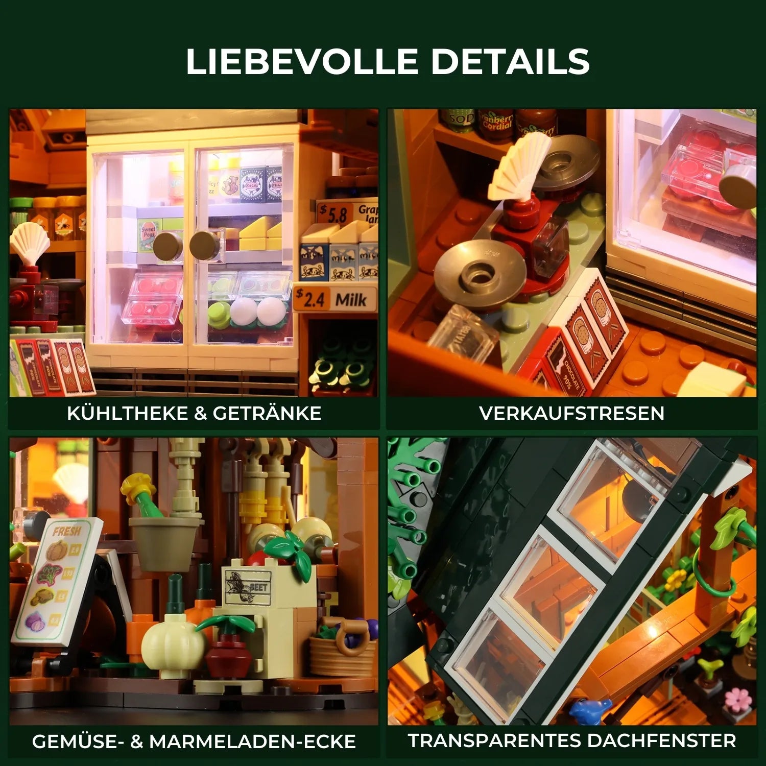 Interieur-Details des Hofladen Klemmbaustein-Sets: Kühltheke, Verkaufstresen und Gemüseauslage.