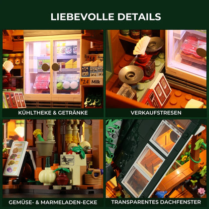 Interieur-Details des Hofladen Klemmbaustein-Sets: Kühltheke, Verkaufstresen und Gemüseauslage.