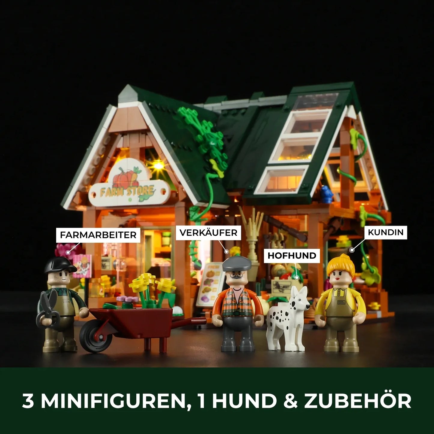 Funwhole Hofladen Klemmbaustein-Set F9029 mit LED-Licht, drei Minifiguren und Hofhund.