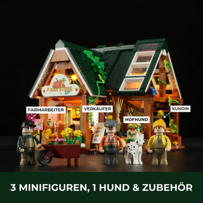 Funwhole Hofladen Klemmbaustein-Set F9029 mit LED-Licht, drei Minifiguren und Hofhund.