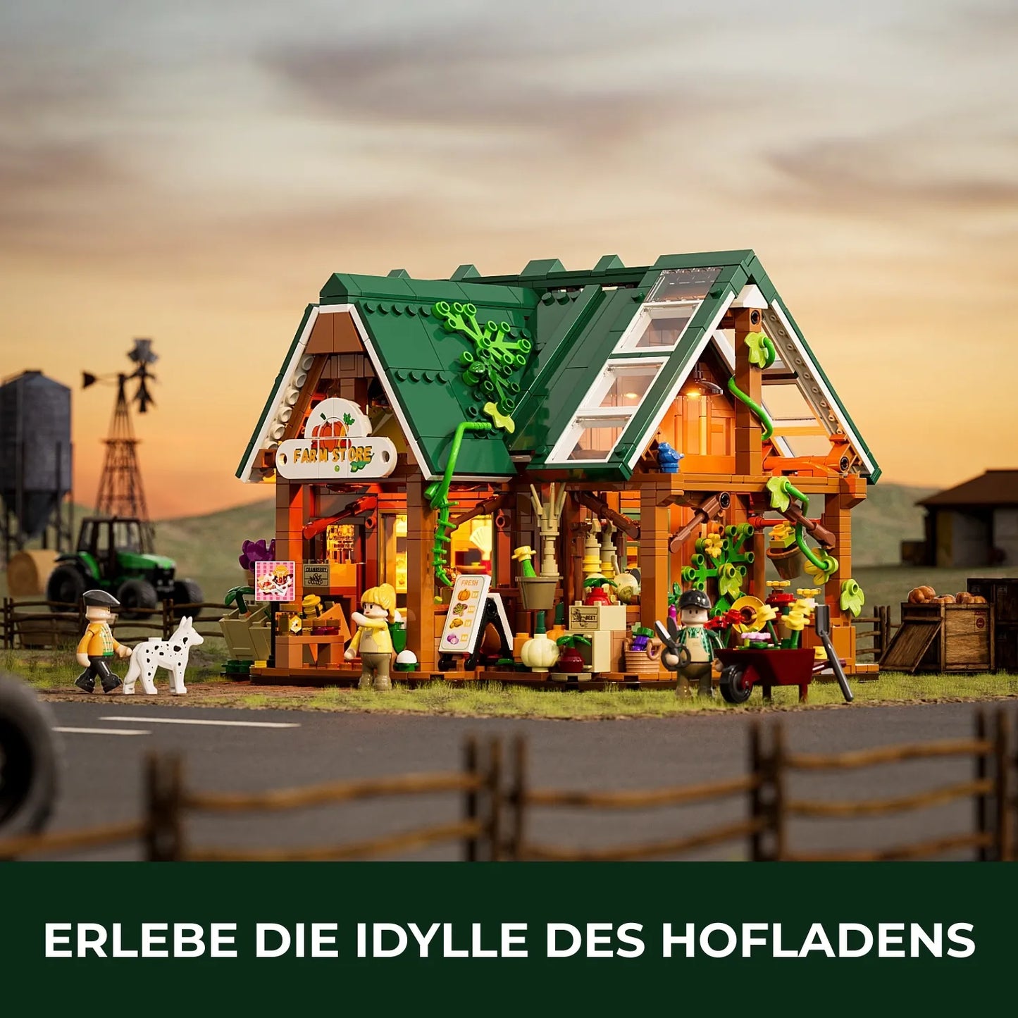 Stimmungsvolles Funwhole Hofladen Klemmbaustein-Set in ländlicher Bauernhof-Kulisse.