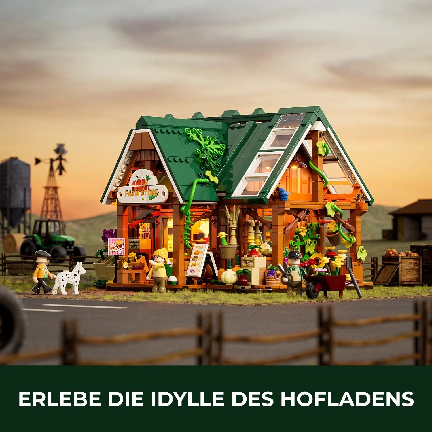 Stimmungsvolles Funwhole Hofladen Klemmbaustein-Set in ländlicher Bauernhof-Kulisse.