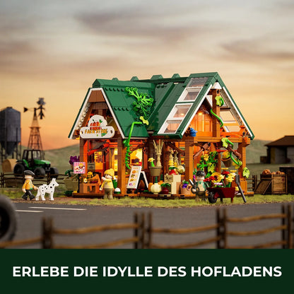 Stimmungsvolles Funwhole Hofladen Klemmbaustein-Set in ländlicher Bauernhof-Kulisse.