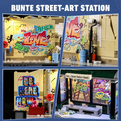 Bunte Street-Art Details der Graffiti Bushaltestelle: Bedruckte Klemmbausteine mit "Love" Schriftzug.