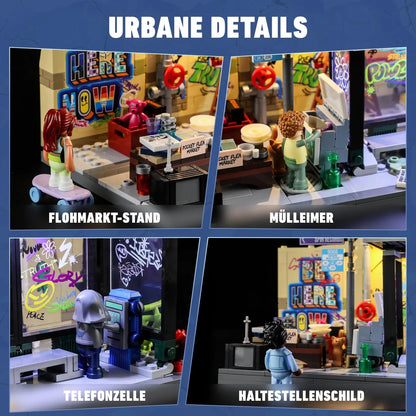 Urbane Details des Graffiti Bus Stop Klemmbaustein-Sets: Flohmarkt, Telefonzelle und Schild.