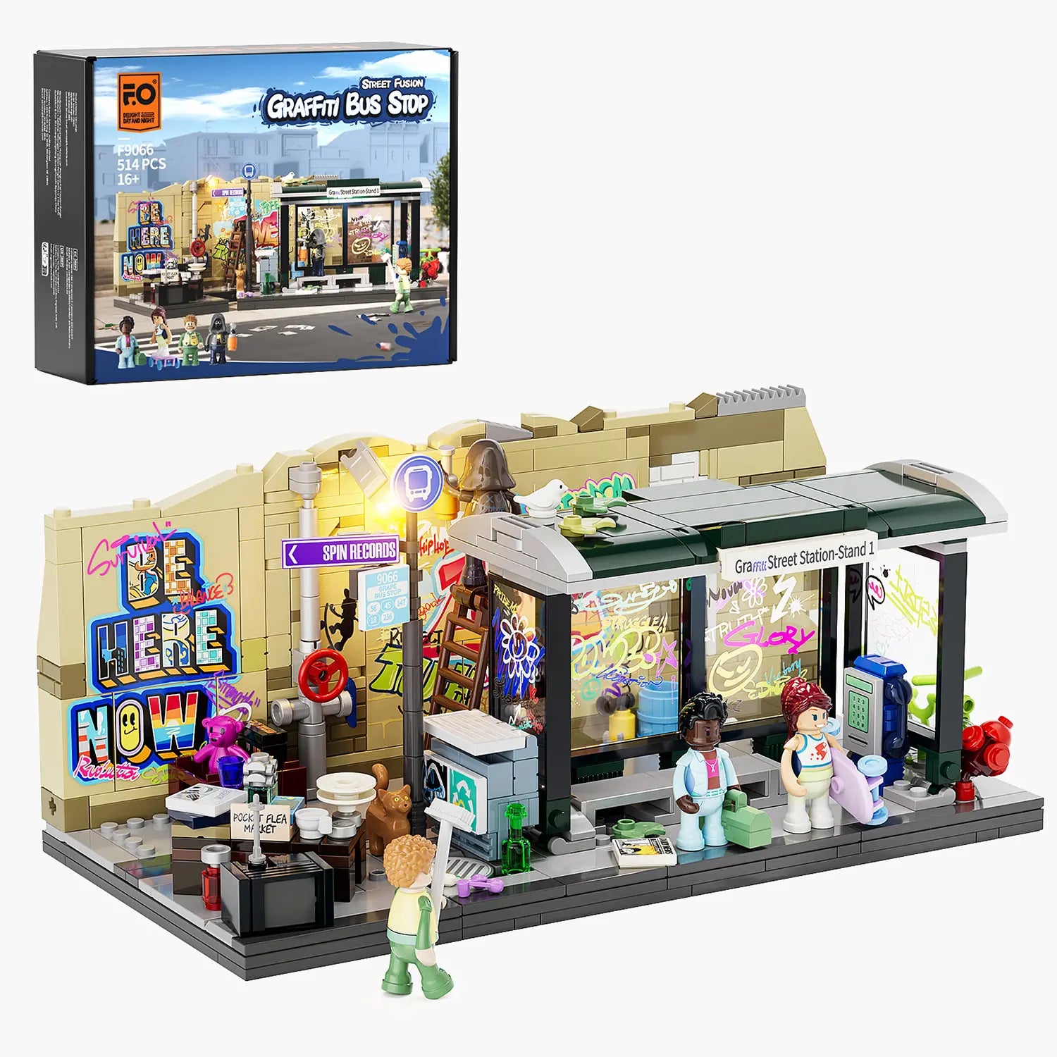 Funwhole Graffiti Bushaltestelle Klemmbaustein-Set F9066 mit Minifiguren und Originalverpackung.