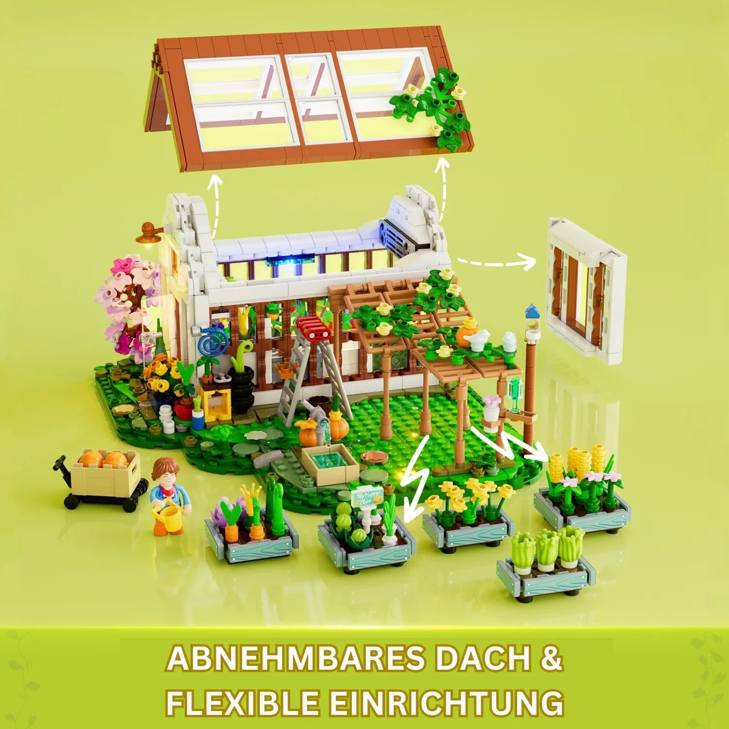 Funktionales Funwhole Gewächshaus Klemmbaustein-Set mit abnehmbarem Dach und modularer Deko.