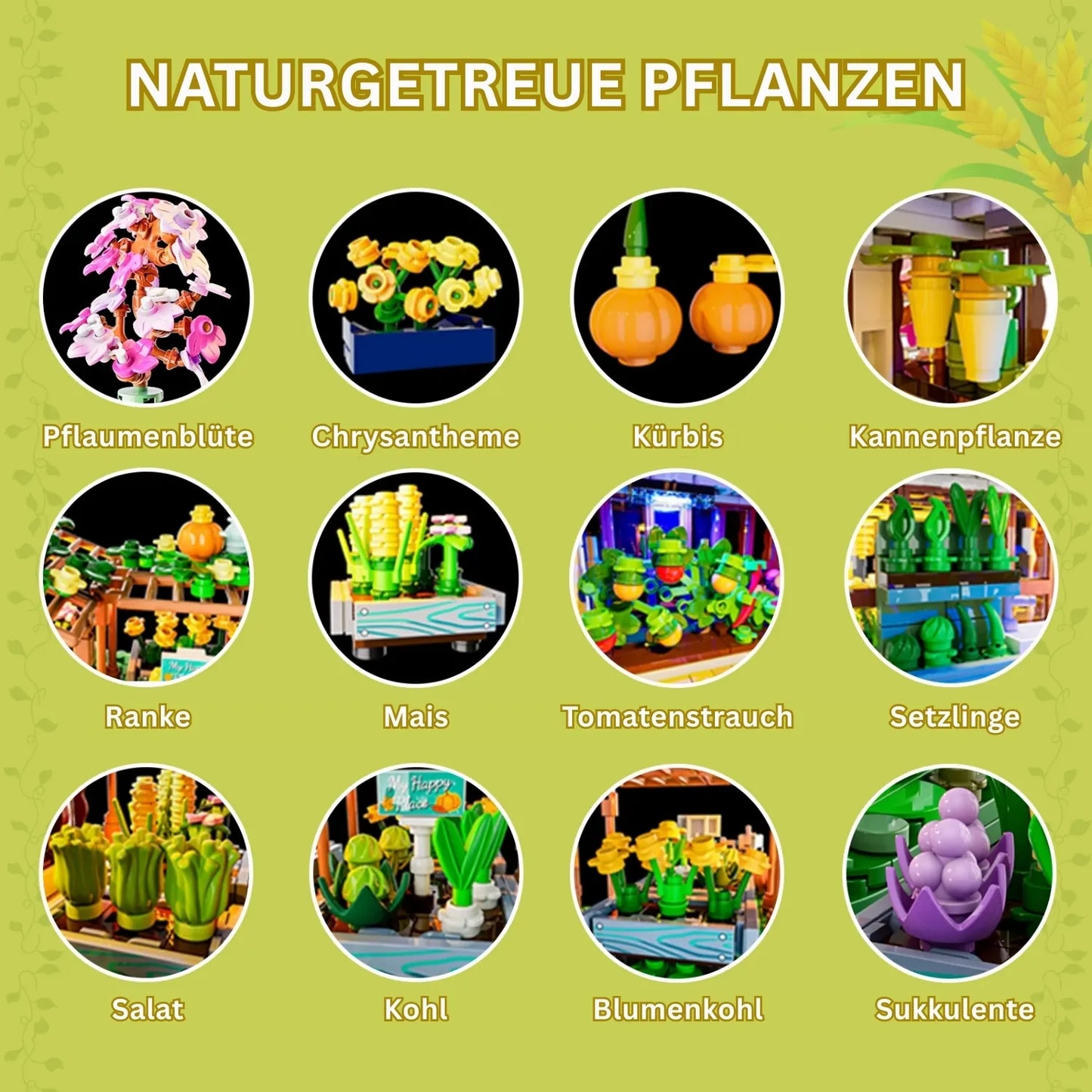 Detailansicht der Pflanzen im Home Greenhouse Klemmbaustein-Set: Pflanzen, Gemüse und Blumen.