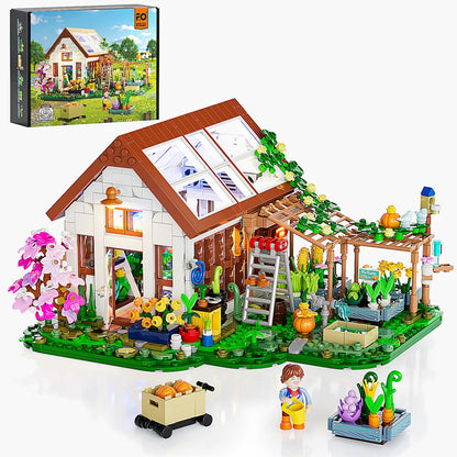 Funwhole Home Greenhouse Klemmbaustein-Set F9059 mit Gewächshaus, Minifigur und Originalverpackung.