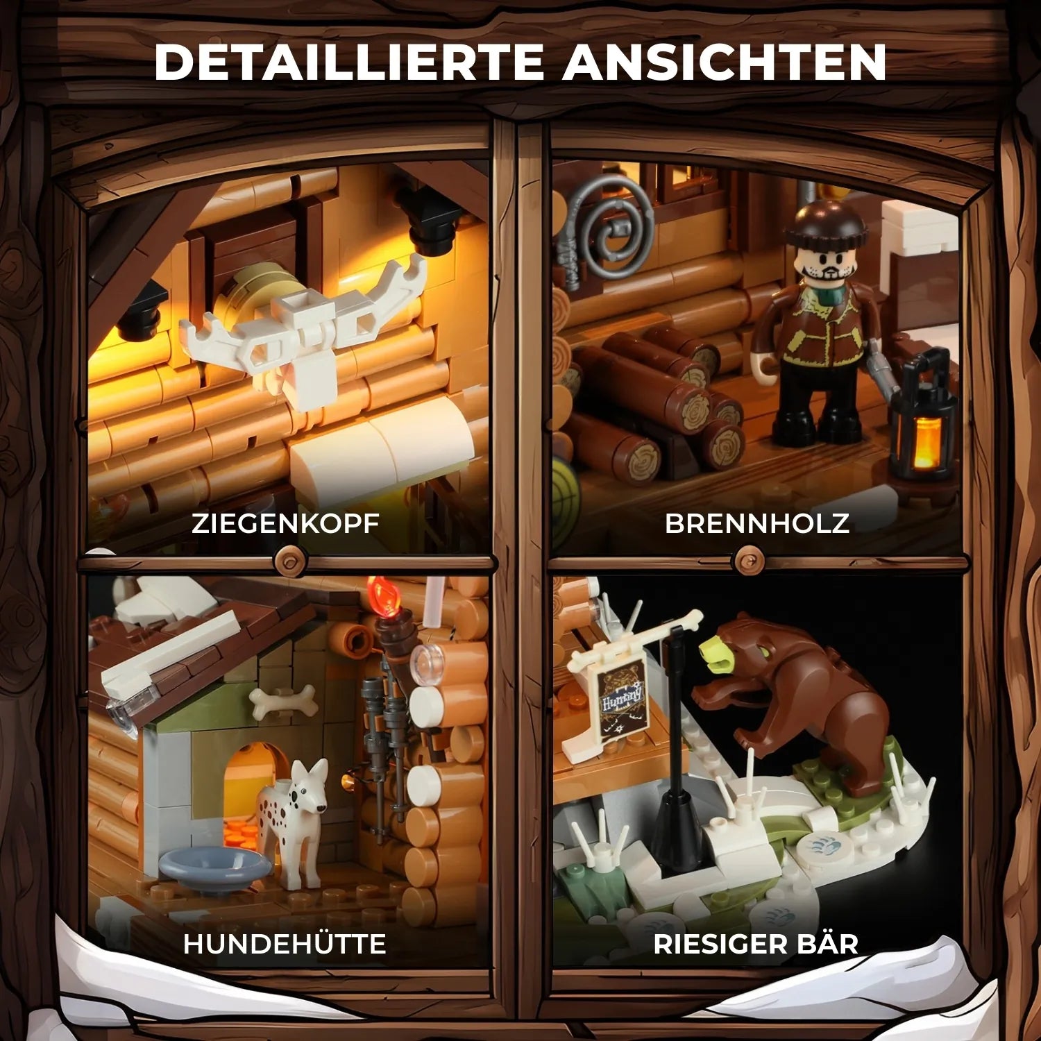 Zubehör des Funwhole Klemmbaustein-Sets: Hundehütte mit Dalmatiner, Bär, Brennholzstapel und Geweih.