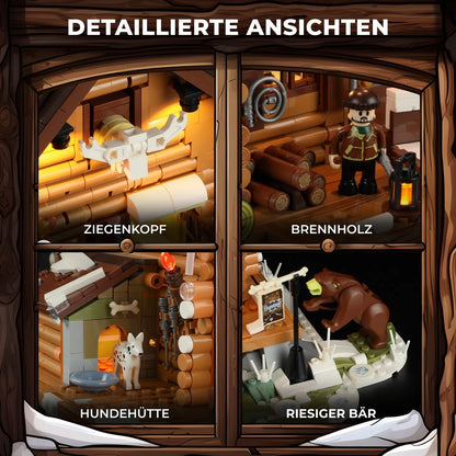 Zubehör des Funwhole Klemmbaustein-Sets: Hundehütte mit Dalmatiner, Bär, Brennholzstapel und Geweih.