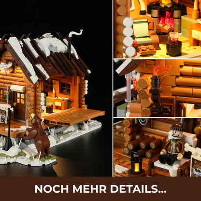 Details des Funwhole Klemmbaustein-Sets: Beleuchteter Kamin mit Feuereffekt, Außenfackel und Veranda.