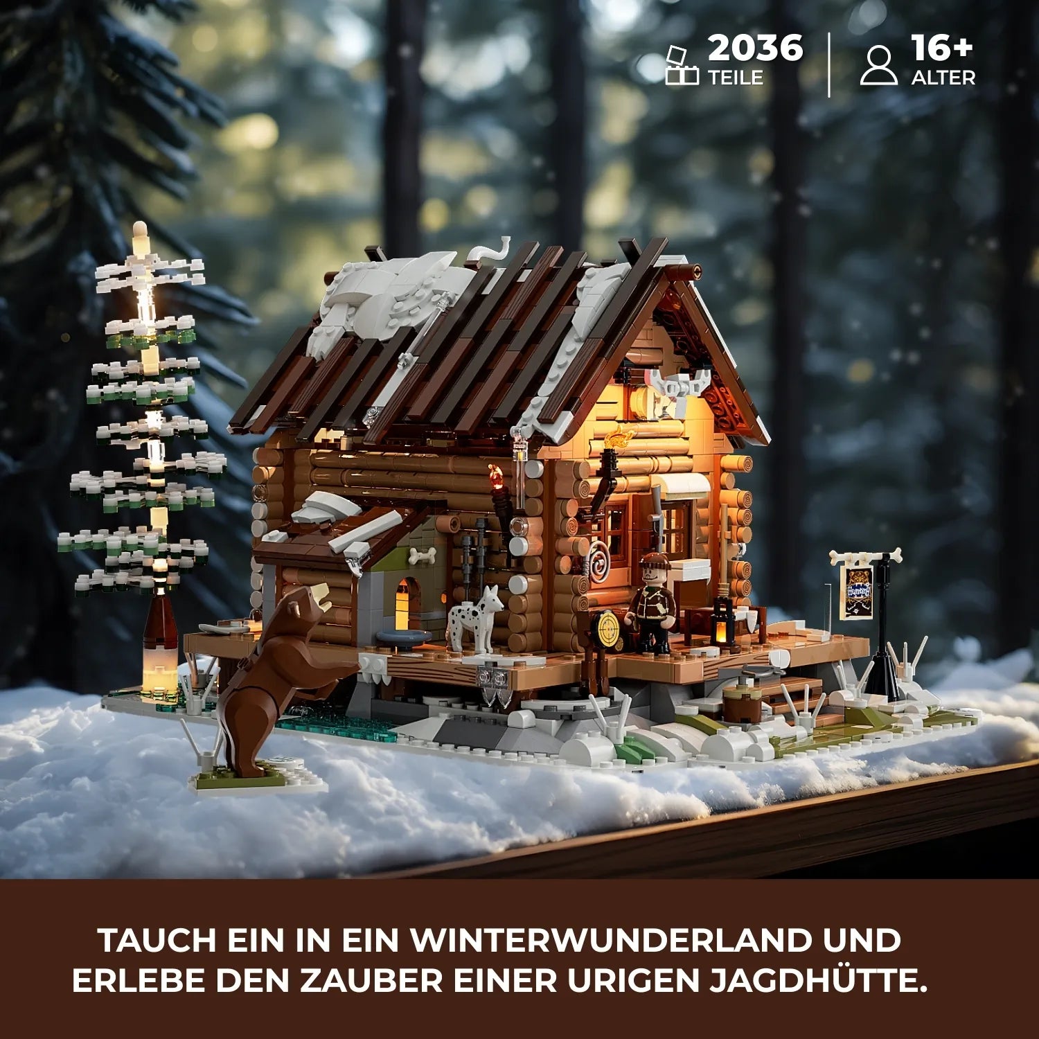 Stimmungsvolles Funwhole Klemmbaustein-Set Jagdhütte in winterlicher Waldlandschaft mit LED-Beleuchtung.