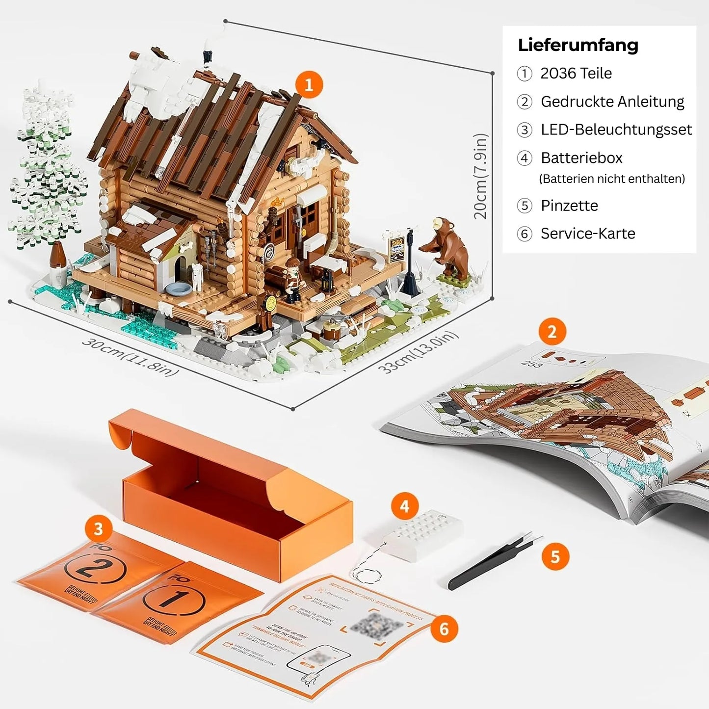 Lieferumfang und Maße des Funwhole Sets Jagdhütte: 2036 Teile, Anleitung, LED-Lichtset und Zubehör.