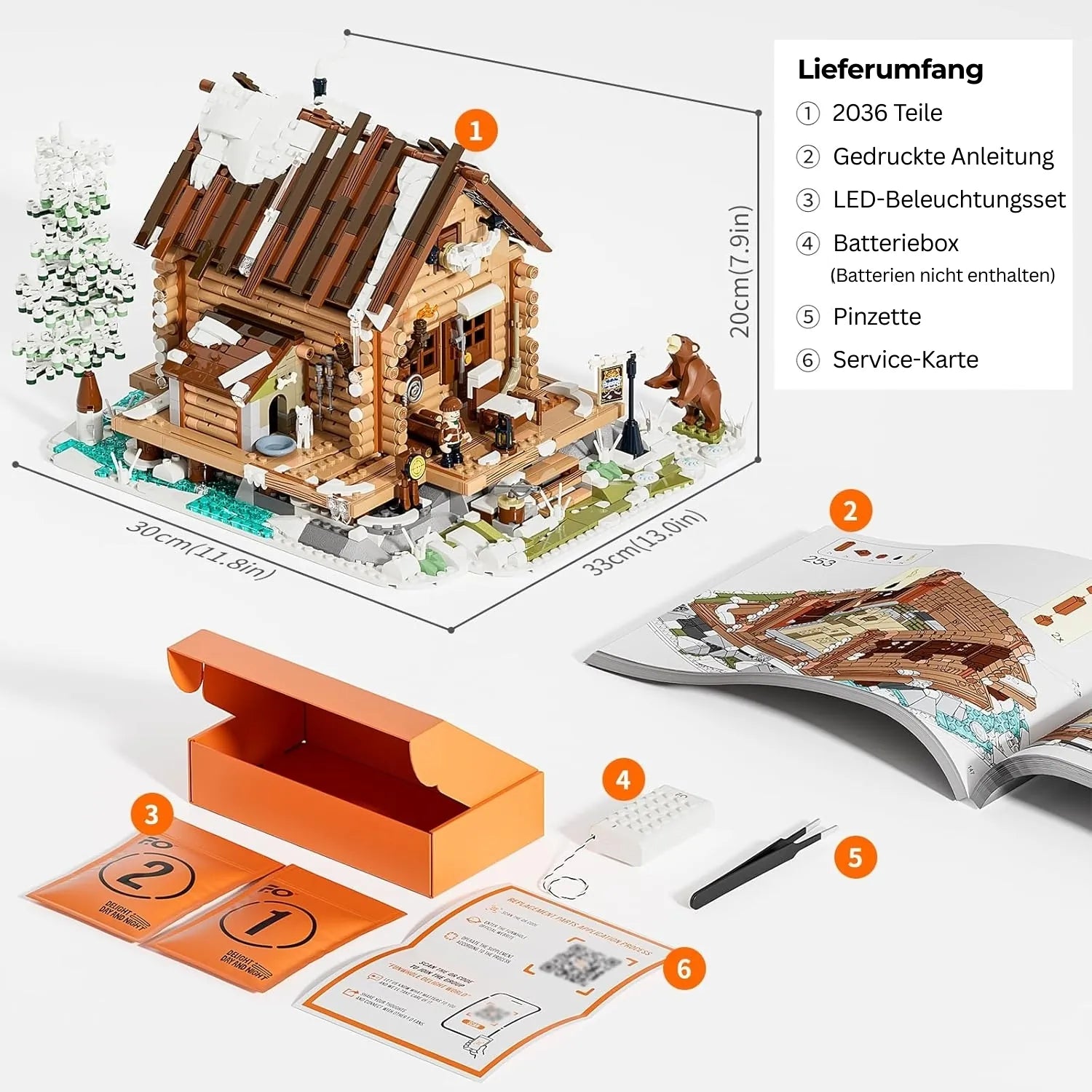 Lieferumfang und Maße des Funwhole Sets Jagdhütte: 2036 Teile, Anleitung, LED-Lichtset und Zubehör.