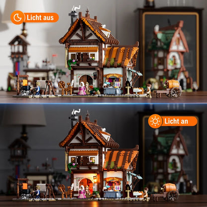 Vergleichsbild des Funwhole Klemmbaustein-Sets Medieval Tailor Shop mit und ohne aktive LED-Beleuchtung.