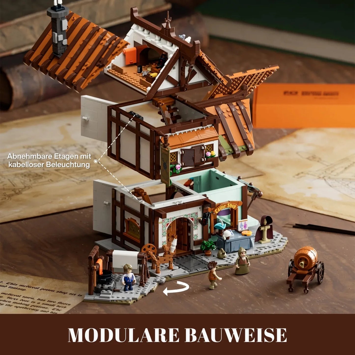 Modulare Bauweise des Funwhole Klemmbaustein-Sets mit abnehmbaren Etagen und kabelloser Beleuchtungstechnik.