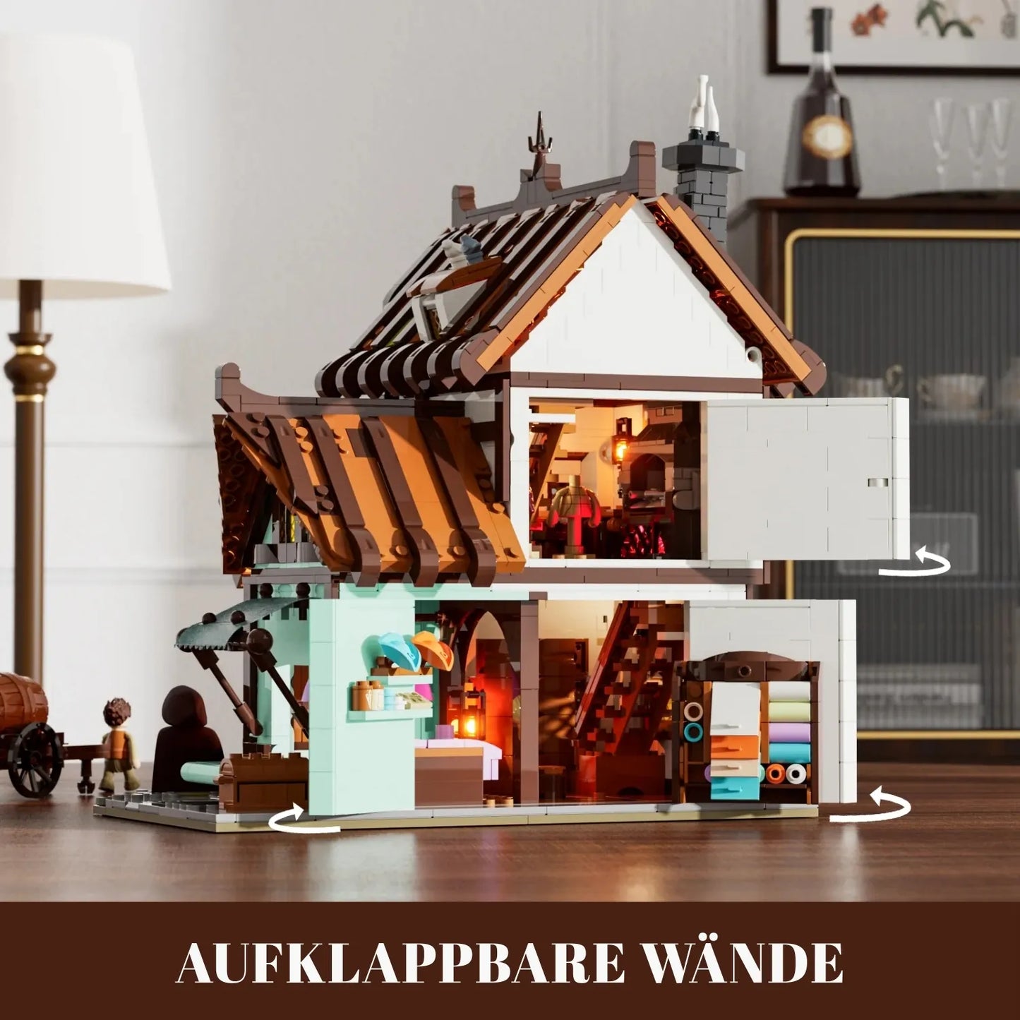 Aufklappbare Rückwände des Funwhole Medieval Tailor Shop Klemmbaustein-Sets zeigen beleuchtetes Inneres.