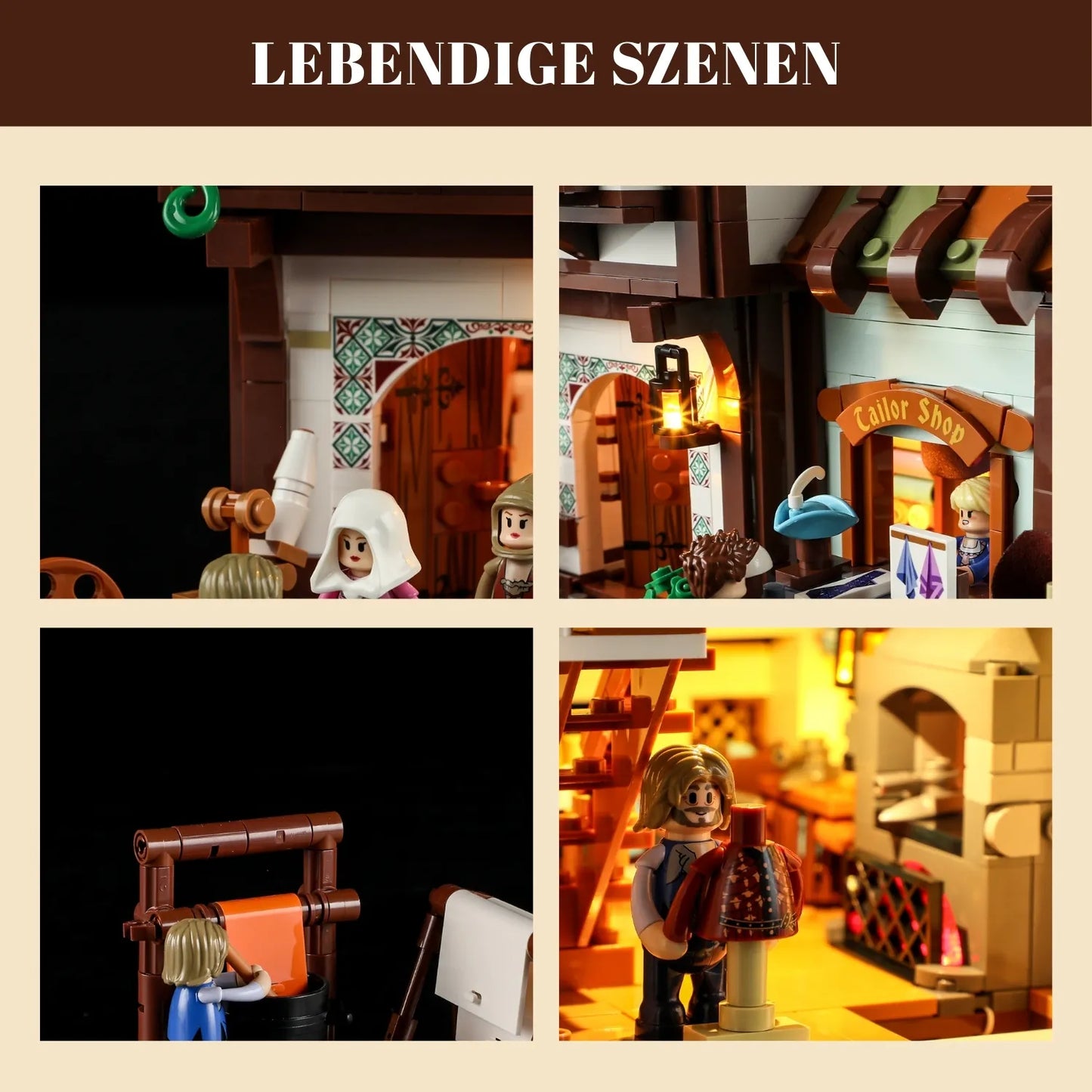 Detailansichten der Minifiguren und Szenen im beleuchteten Funwhole Mittelalter Klemmbaustein-Set F9038.