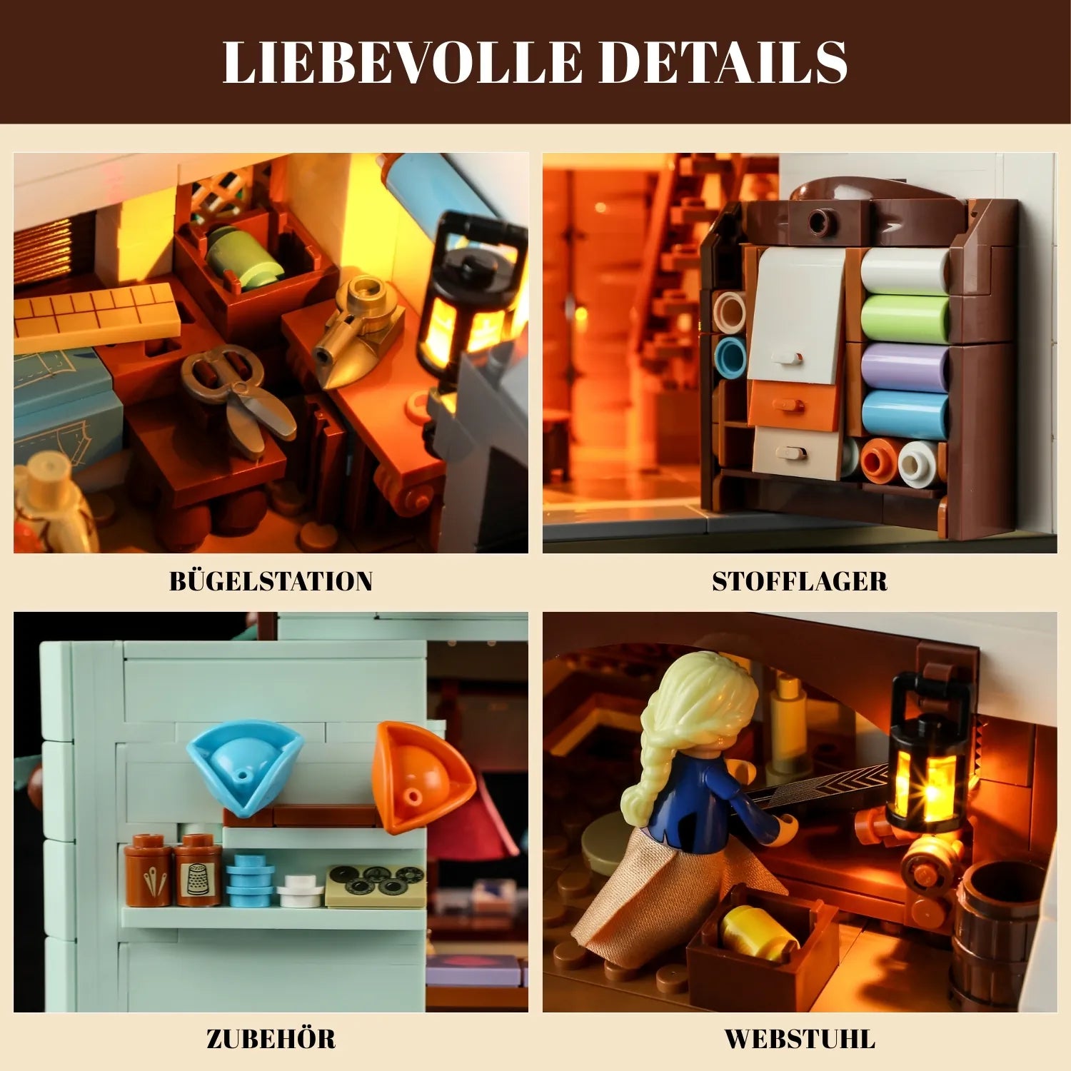 Innenraum-Details des Funwhole Klemmbaustein-Sets: Bügelstation, Stofflager, Webstuhl und Näh-Zubehör.